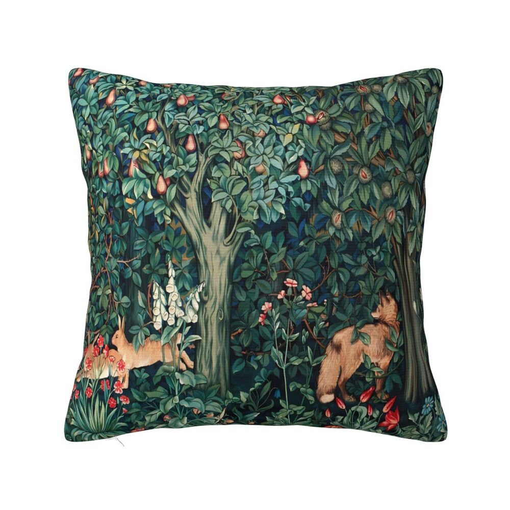 1675 William Morris Fox Hares Blue Green Floral Forest Throw Pillow Cover